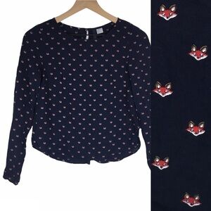 DIVIDED H&M Blouse Top Fox Print Open Button Up Back Details Long Sleeve Size 2